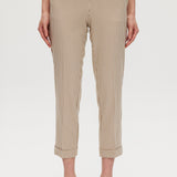 Beige checked slim leg pants featuring a button-front and pockets, available from Hilary Radley.