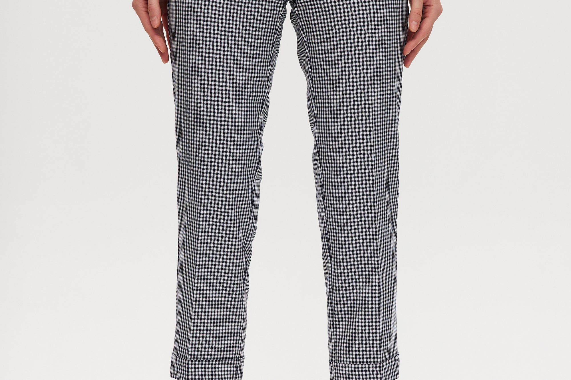 Navy checked slim leg pant featuring a pull-on waistband, part of a coordinated vest set by Hilary Radley.