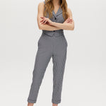 Navy checked slim leg pant and vest set with pull-on waistband and button-front vest.