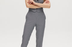 Navy checked slim leg pant and vest set with pull-on waistband and button-front vest.