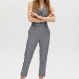 Navy checked slim leg pant and vest set with pull-on waistband and button-front vest.