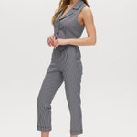 Navy checked slim leg pant and vest set featuring a pull-on waistband and button-front vest by Hilary Radley.