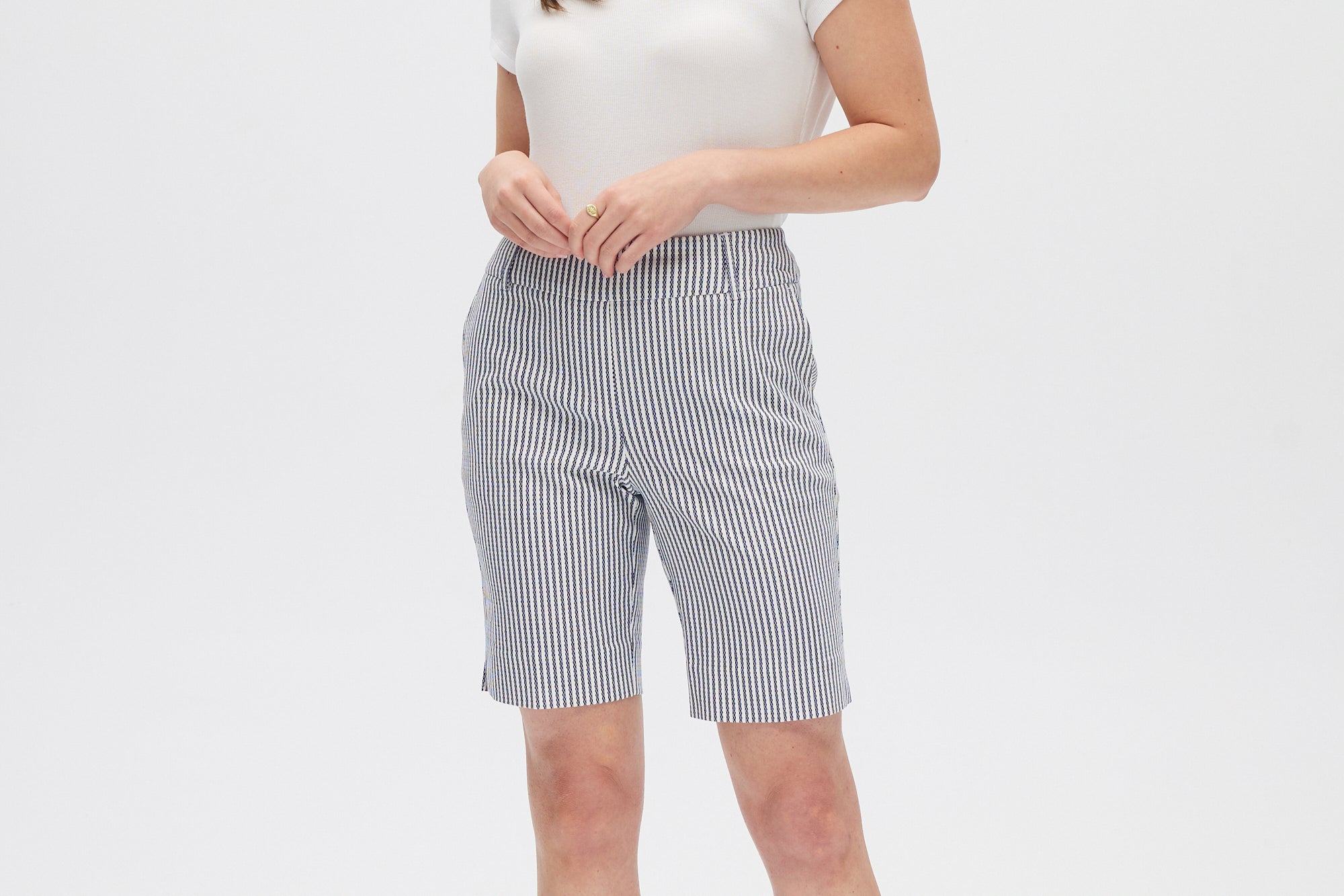 Off White Super Stretch Pull-On Bermuda Shorts front