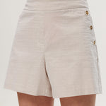 Beige striped pull-on shorts featuring decorative buttons and an elastic waistband by Hilary Radley.