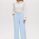 Sky wide-leg tailored pull-on pant with button closure and functional pockets.