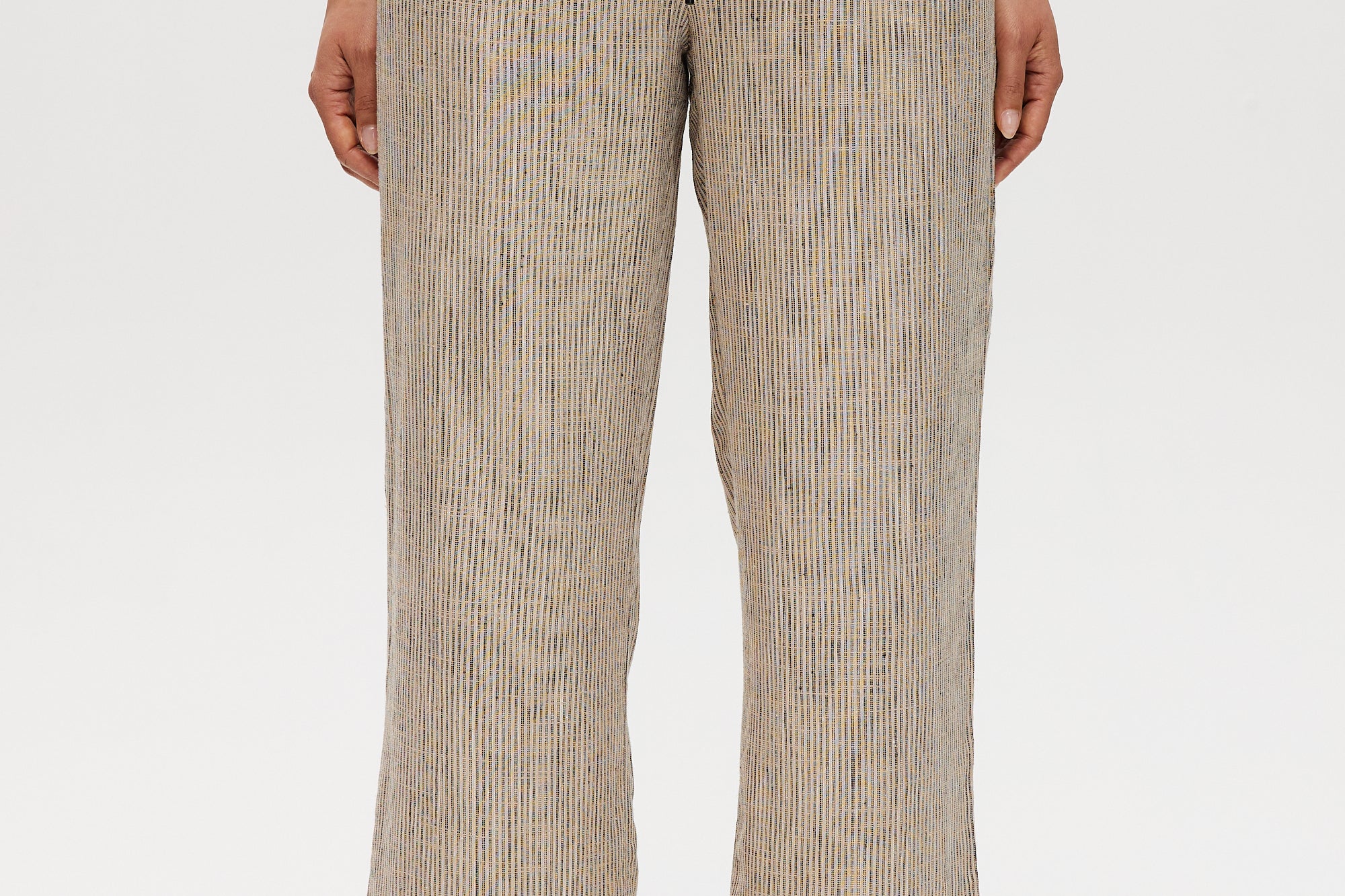 Beige Yarn-Dye Linen Stripe Pull-On Pant featuring an elastic waistband, designed to pair with a matching blazer by Hilary Radley.