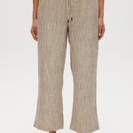 Beige Yarn-Dye Linen Stripe Pull-On Pant featuring an elastic waistband, designed to pair with a matching blazer by Hilary Radley.
