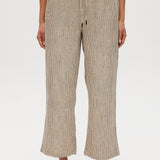 Beige Yarn-Dye Linen Stripe Pull-On Pant featuring an elastic waistband, designed to pair with a matching blazer by Hilary Radley.
