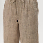 Beige Yarn-Dye Linen Stripe Pull-On Pant featuring an elastic waistband, perfect for pairing with a matching blazer by Hilary Radley.