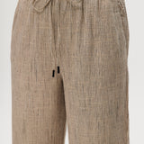 Beige Yarn-Dye Linen Stripe Pull-On Pant featuring an elastic waistband, perfect for pairing with a matching blazer by Hilary Radley.