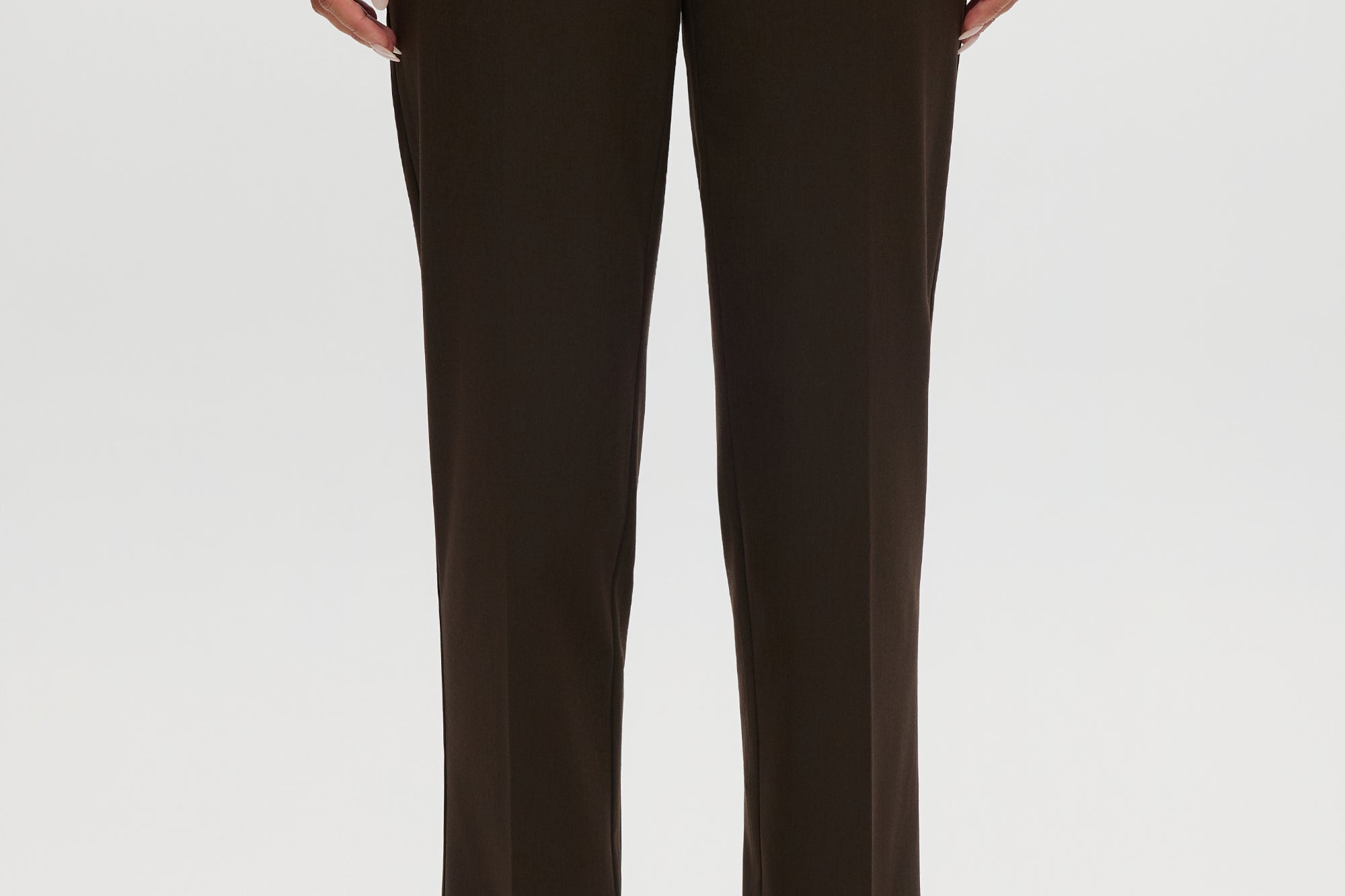 Heather Chocolate Skinny Leg Pull-On Pant featuring an elastic waistband and pockets by Hilary Radley.