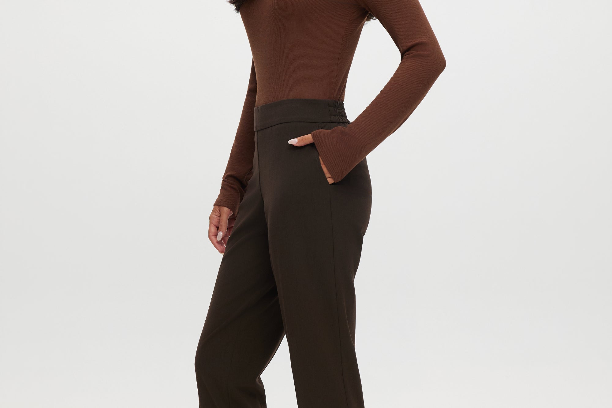 Heather Chocolate Skinny Leg Pull-On Pant featuring an elastic waistband and pockets by Hilary Radley.