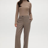 Brown herringbone straight leg pants with textured knit and pockets.
