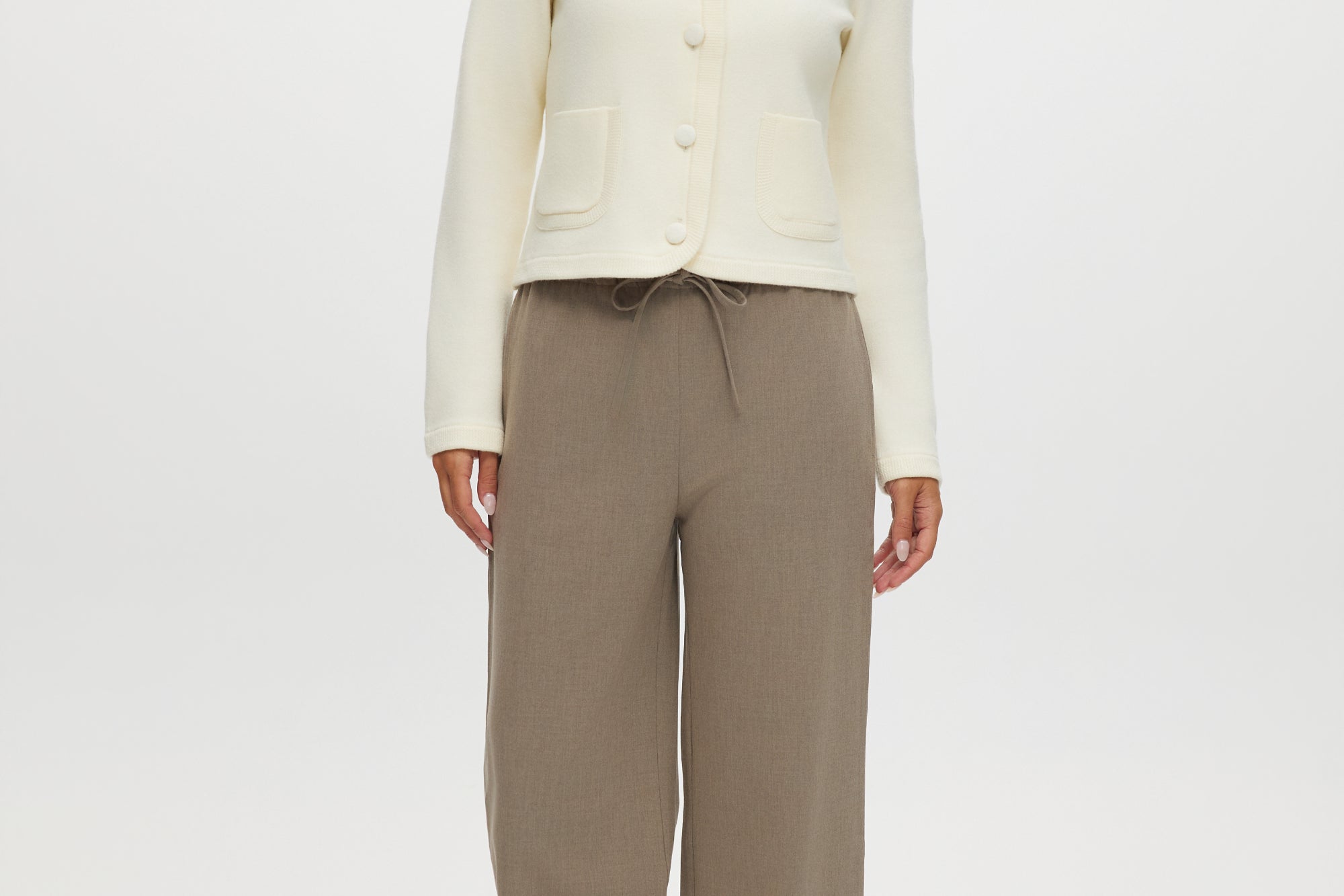 Heather Cashew straight-leg pull-on pant with elastic waistband and drawstring.