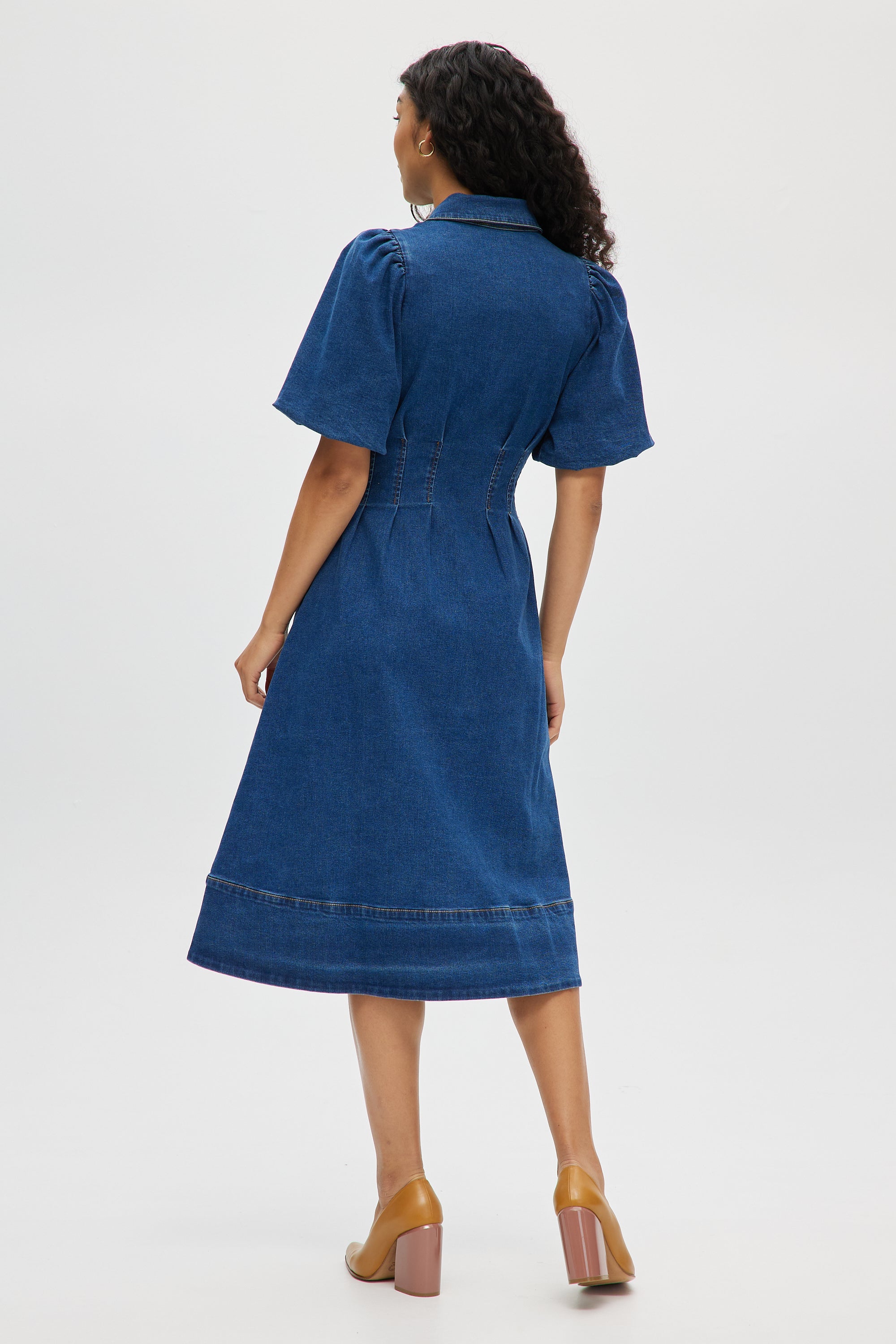 puff-sleeve seamed denim dress More Or Less Light Wash Cotton Denim Puff Sleeve Mini Dress