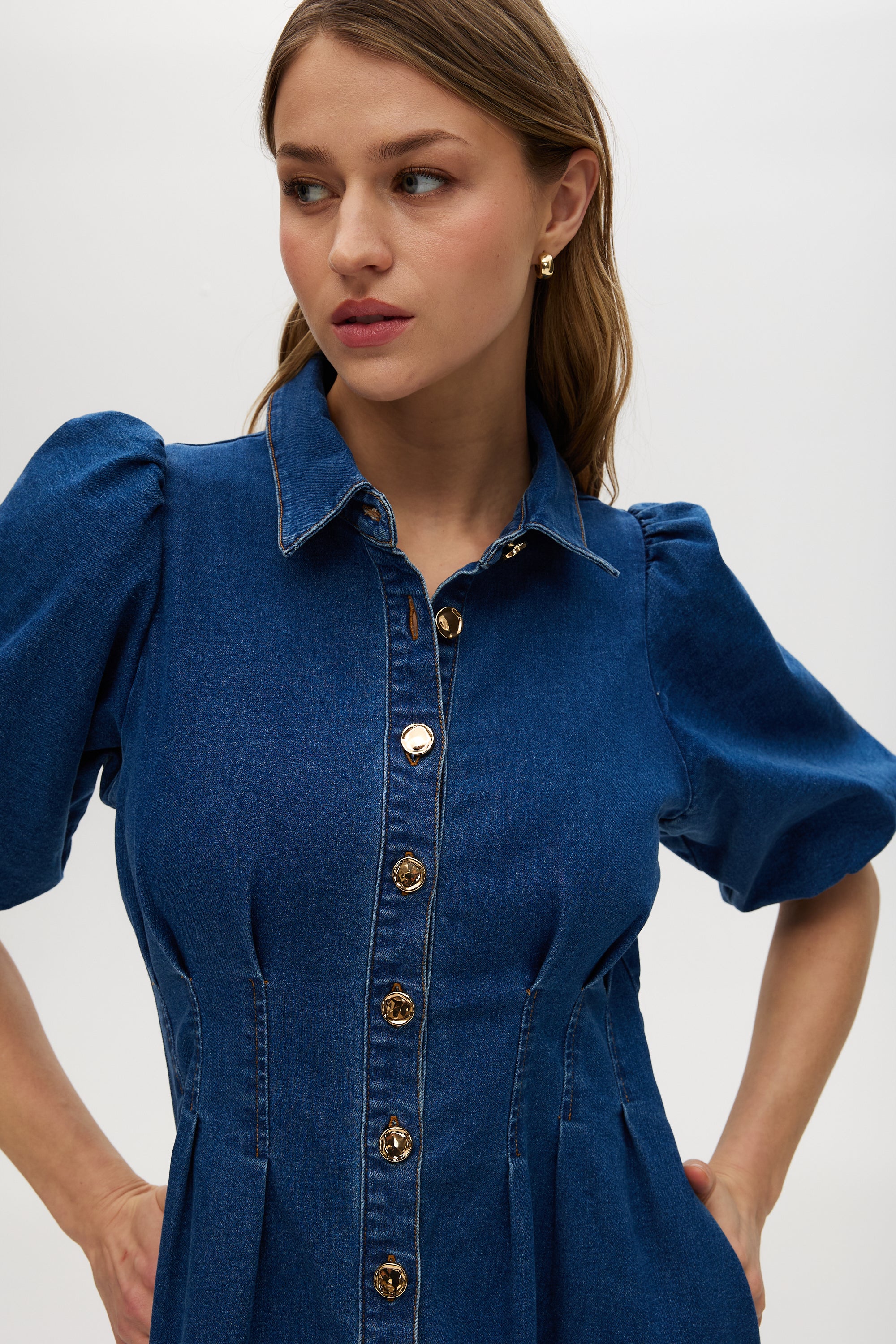 Puff-Sleeve Denim Shirt Dress 10