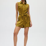 Olive Satin Belted Romper front