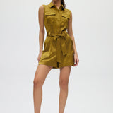 Olive Satin Belted Romper front