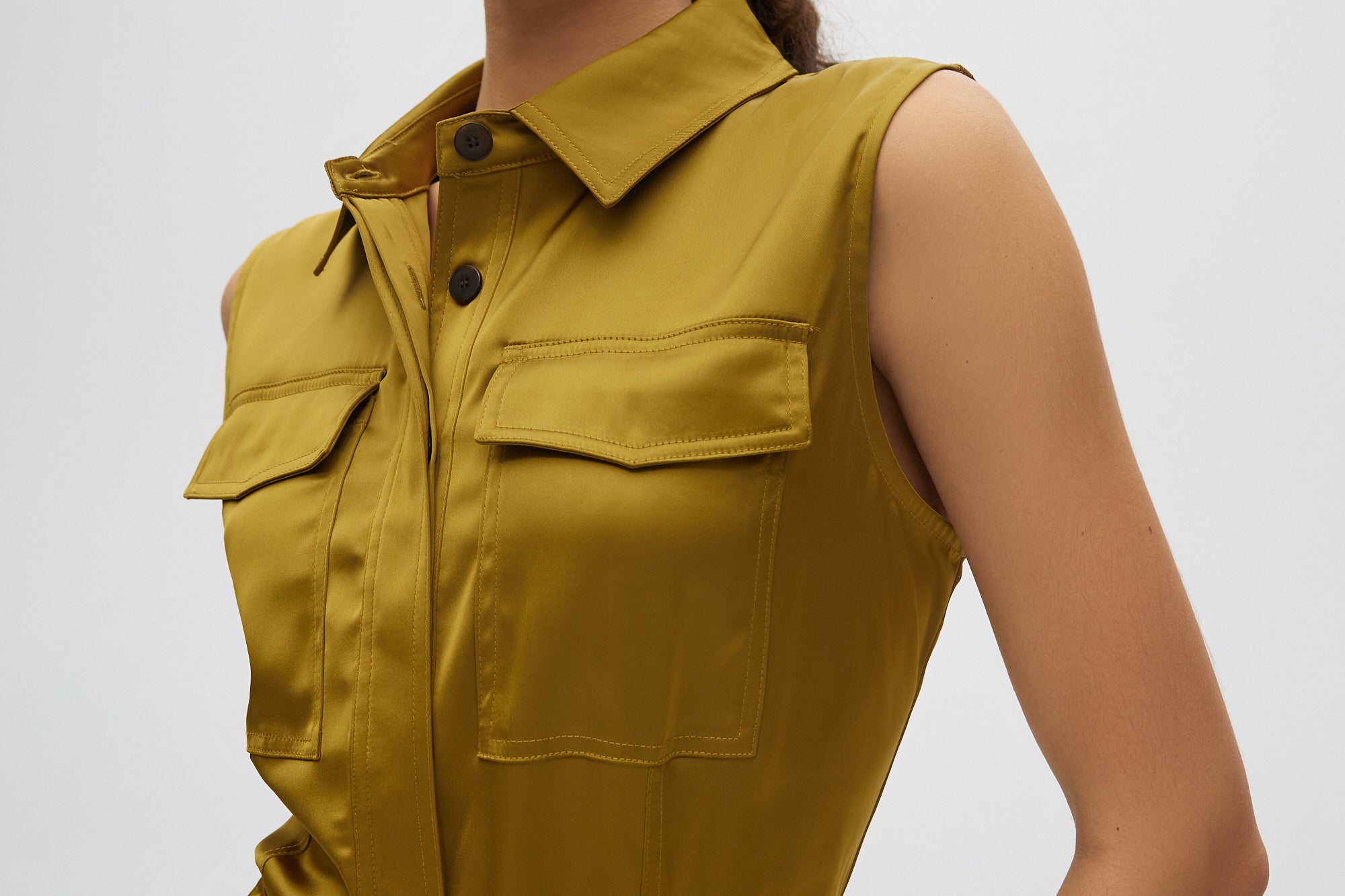 Olive Satin Belted Romper close up