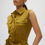 Olive Satin Belted Romper close up