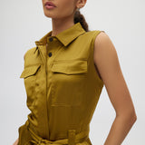 Olive Satin Belted Romper close up