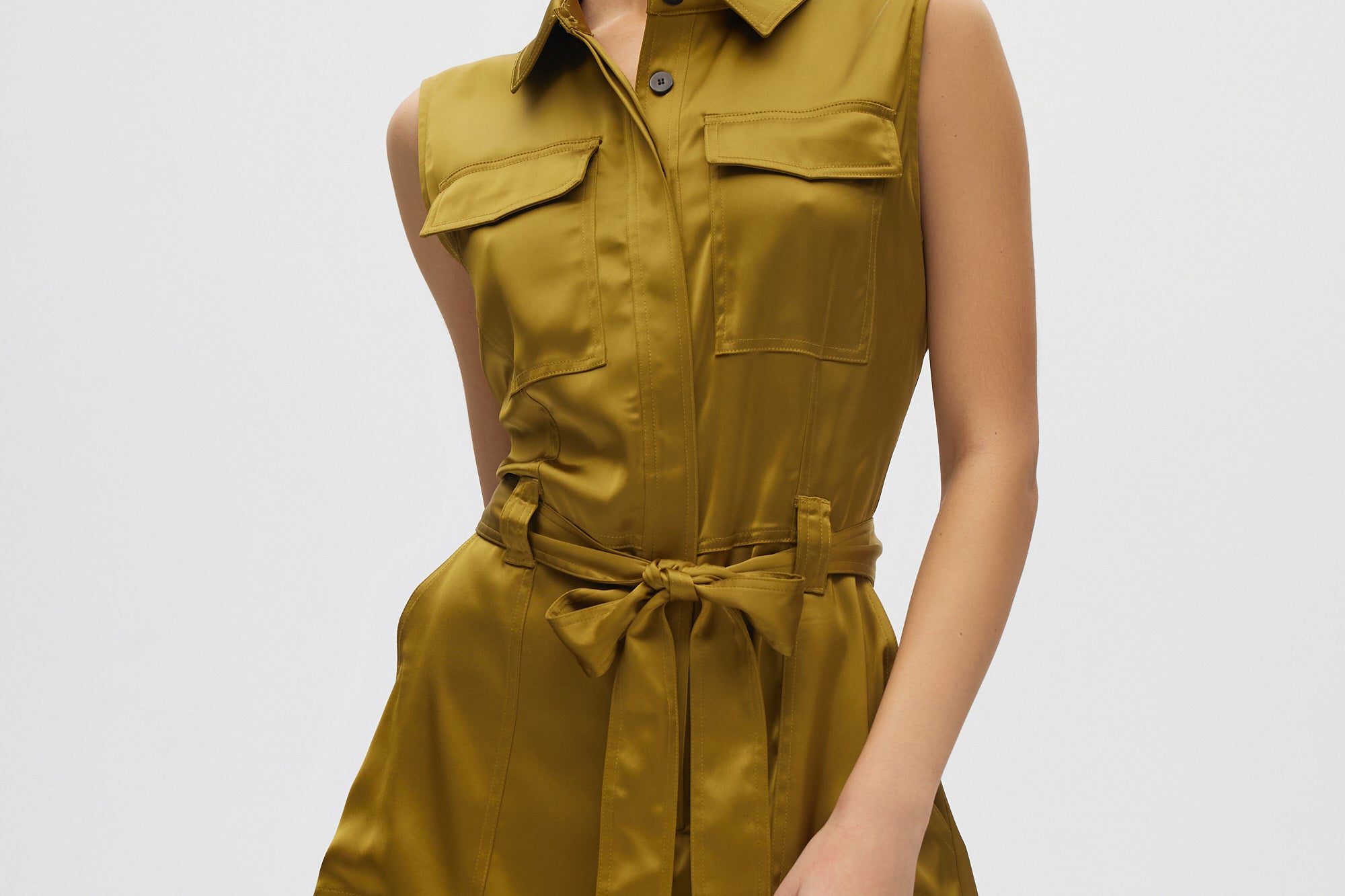 Olive Satin Belted Romper front 2