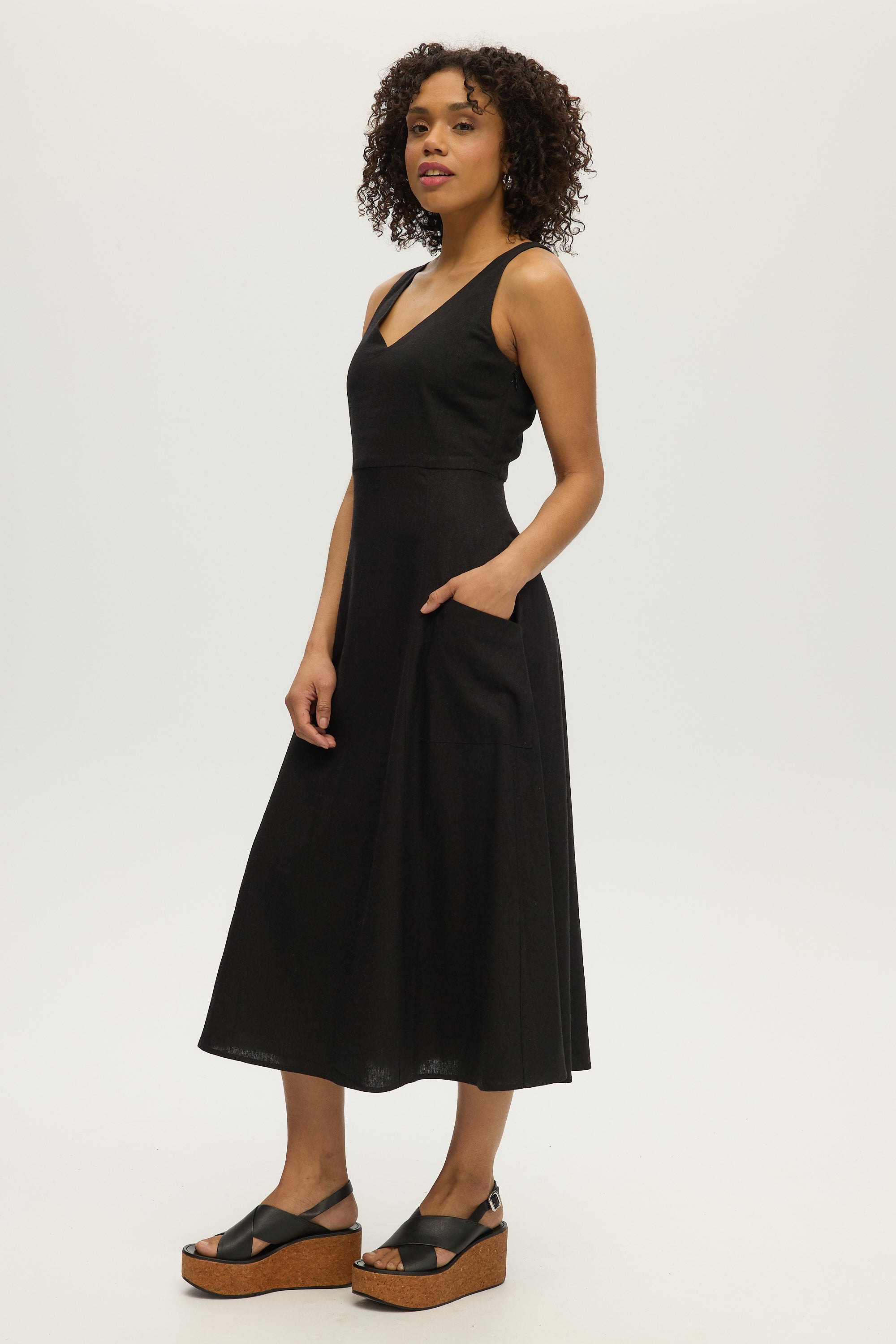 BLACK SLEEVELESS LINEN MIDI DRESS  Hilary Radley