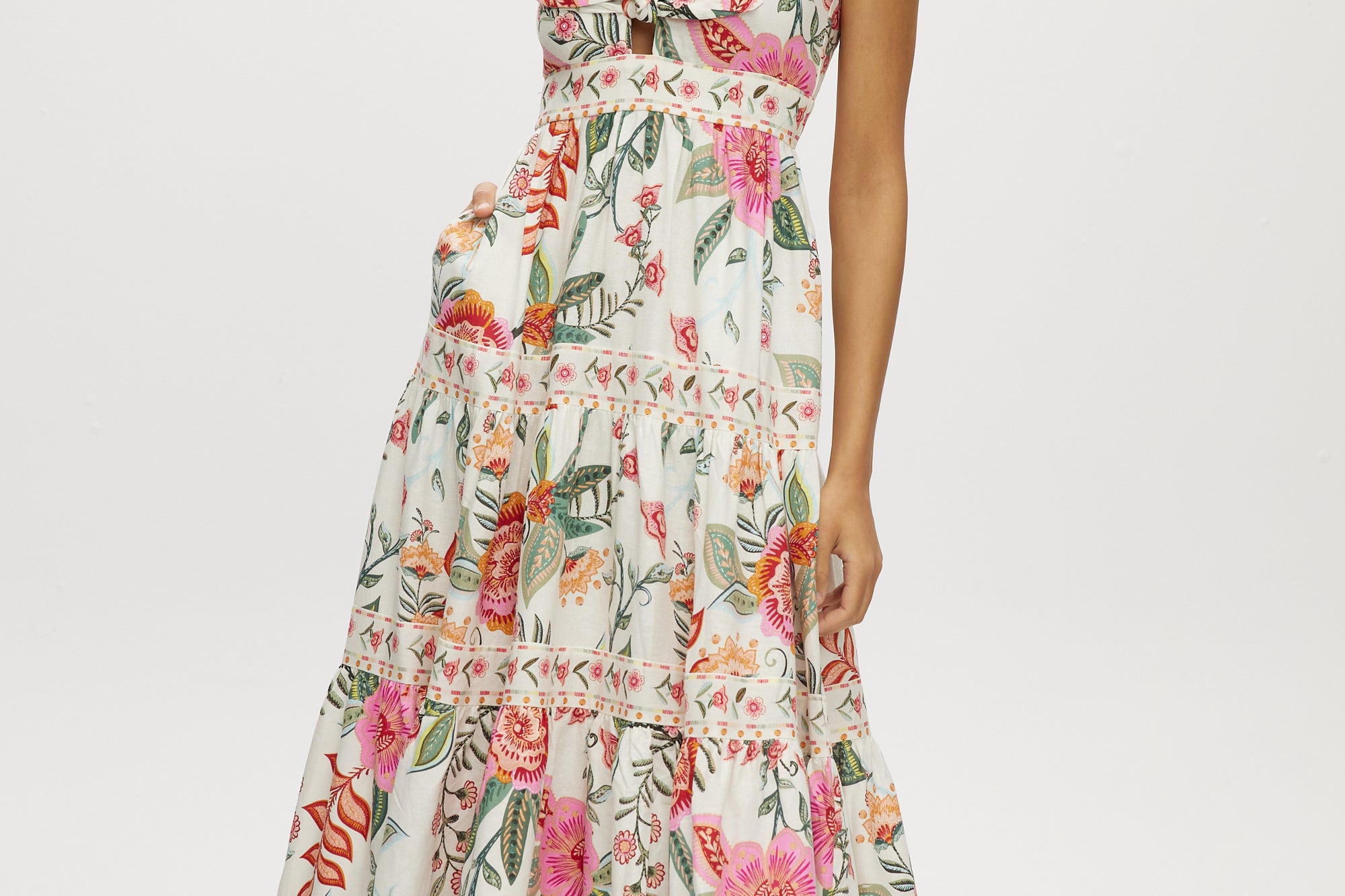 Off-White Pink Printed Linen Tiered Maxi Dress with Adjustable Straps – Hilary Radley