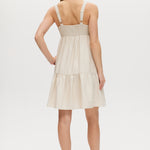 Beige Linen Blend Tiered Midi Dress featuring a tiered skirt, adjustable straps, and smocked back by Hilary Radley.