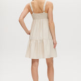 Beige Linen Blend Tiered Midi Dress featuring a tiered skirt, adjustable straps, and smocked back by Hilary Radley.