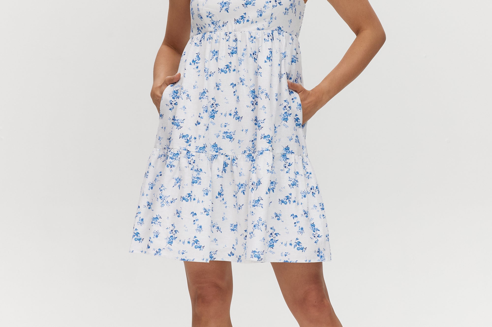 Sky Floral Printed Linen Midi Dress featuring a square neck and sleeveless design, available from Hilary Radley.