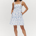 Sky Floral Printed Linen Midi Dress featuring a square neck and sleeveless design, available from Hilary Radley.