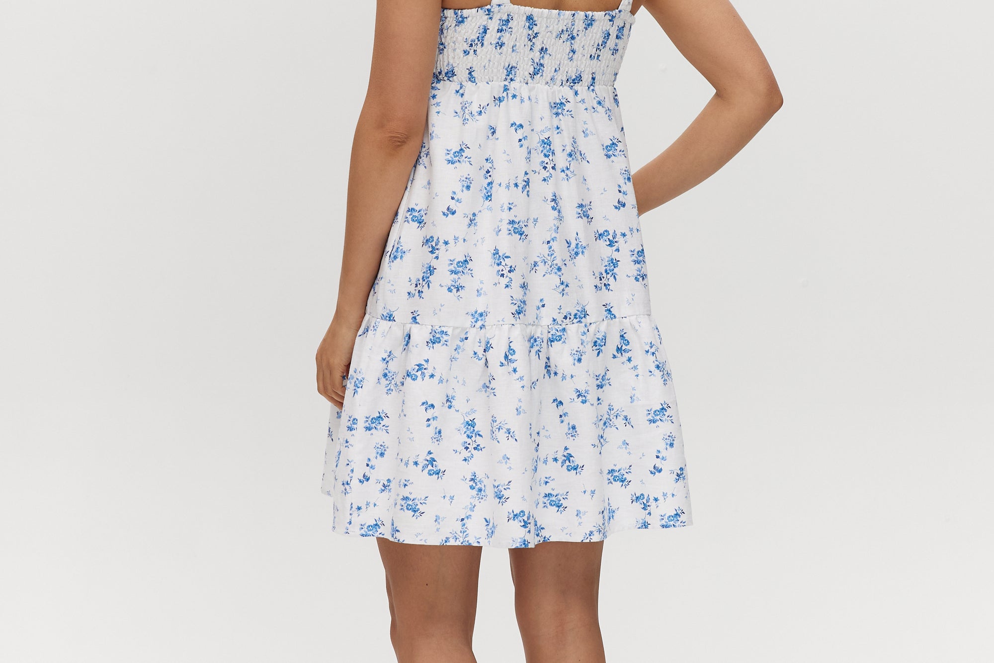 Sky floral printed linen blend midi dress featuring a square neck and sleeveless design by Hilary Radley.
