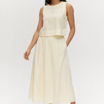 Yellow pleated linen blend midi skirt with pockets and elastic waistband