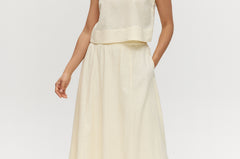 Yellow pleated linen blend midi skirt with pockets and elastic waistband