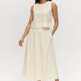 Yellow pleated linen blend midi skirt with pockets and elastic waistband