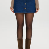 Blue Contrast Trim Denim Mini Skirt featuring vegan leather trim and gold buttons by Hilary Radley.