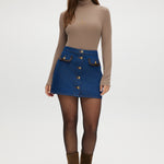 Blue Contrast Trim Denim Mini Skirt featuring vegan leather trim and gold buttons by Hilary Radley.