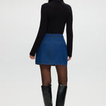 Blue Contrast Trim Denim Mini Skirt featuring vegan leather trim and gold buttons by Hilary Radley.
