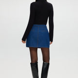 Blue Contrast Trim Denim Mini Skirt featuring vegan leather trim and gold buttons by Hilary Radley.