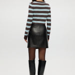 Black vegan leather A-line skirt featuring a high waist and comfort waistband by Hilary Radley.