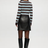 Black vegan leather A-line skirt featuring a high waist and comfort waistband by Hilary Radley.