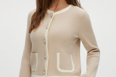 Beige knit cardigan with round collar and contrast trim