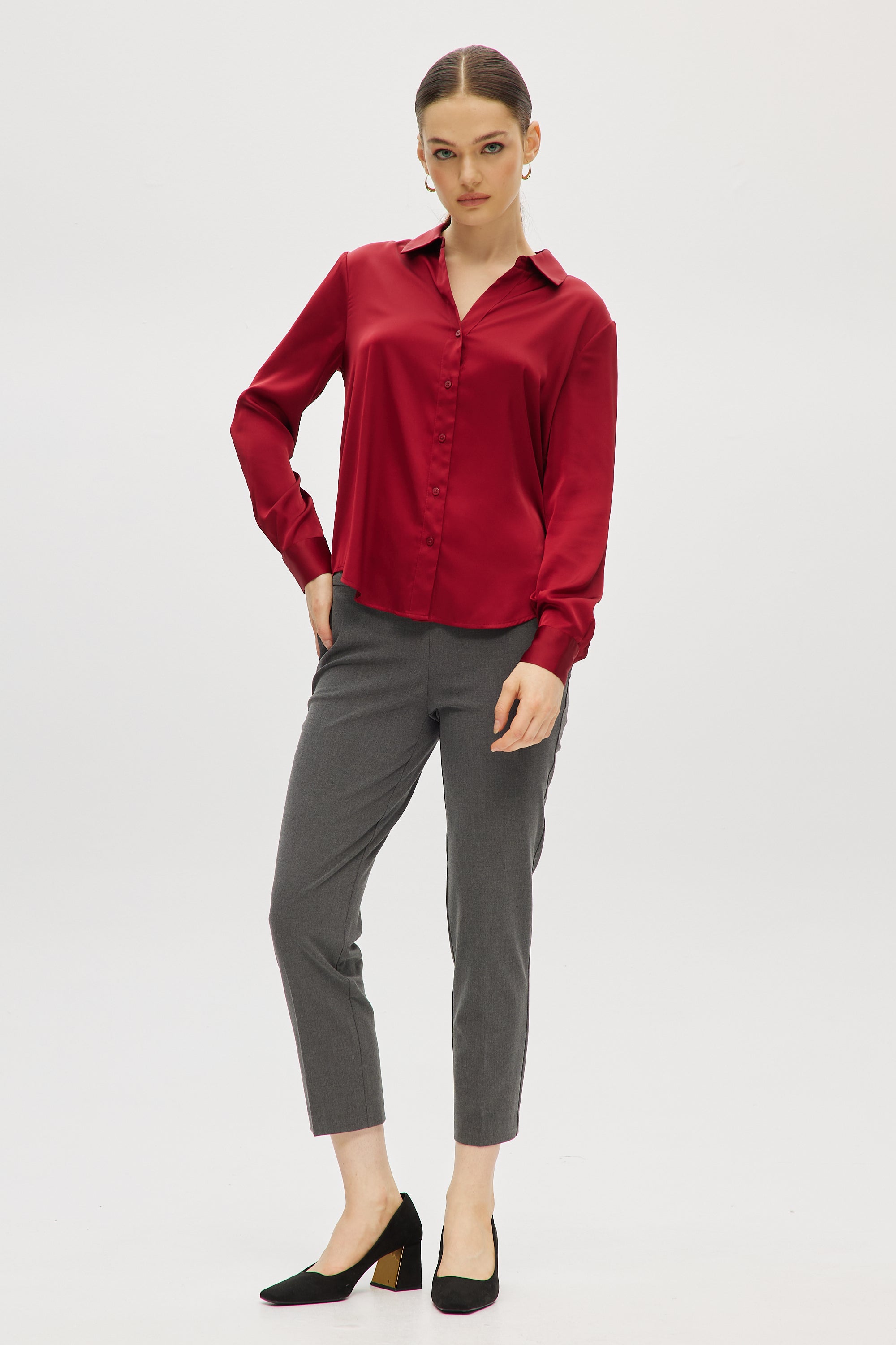Burgundy Long Sleeve Satin Shirt L