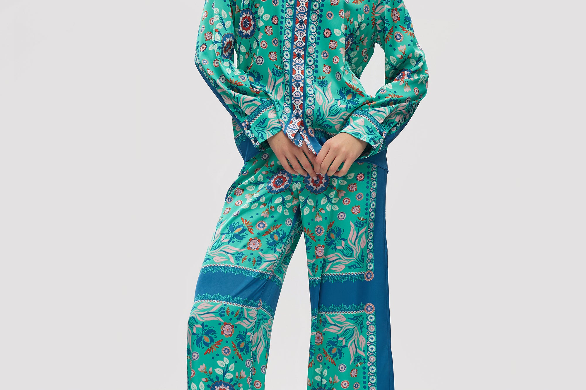 Teal Relaxed Floral Print Long Sleeve Shirt full body