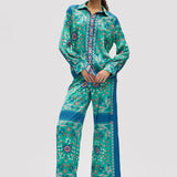 Teal Relaxed Floral Print Long Sleeve Shirt full body