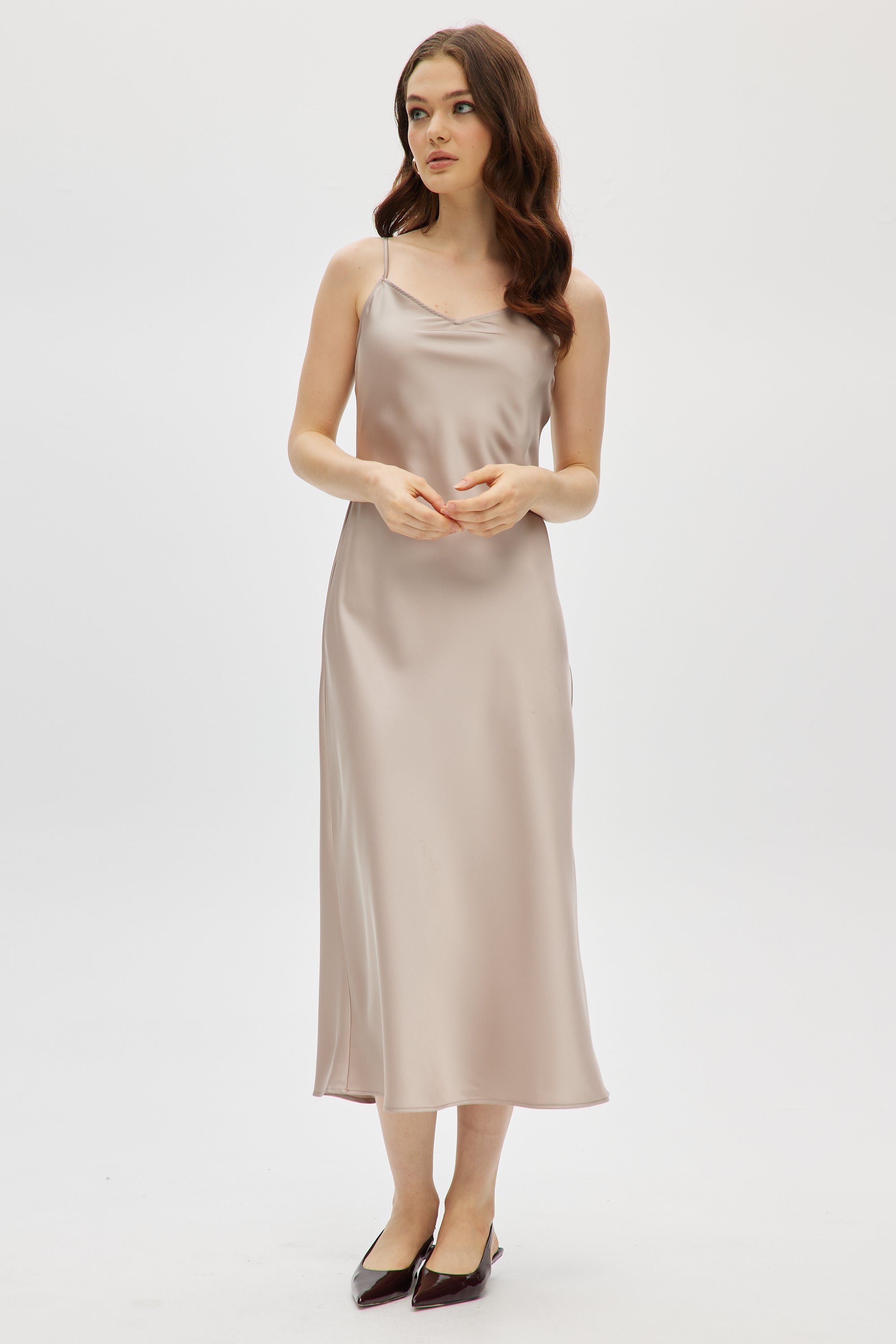 Heather Beige Tie Cardigan & Satin Slip Dress 2 pcs Set M