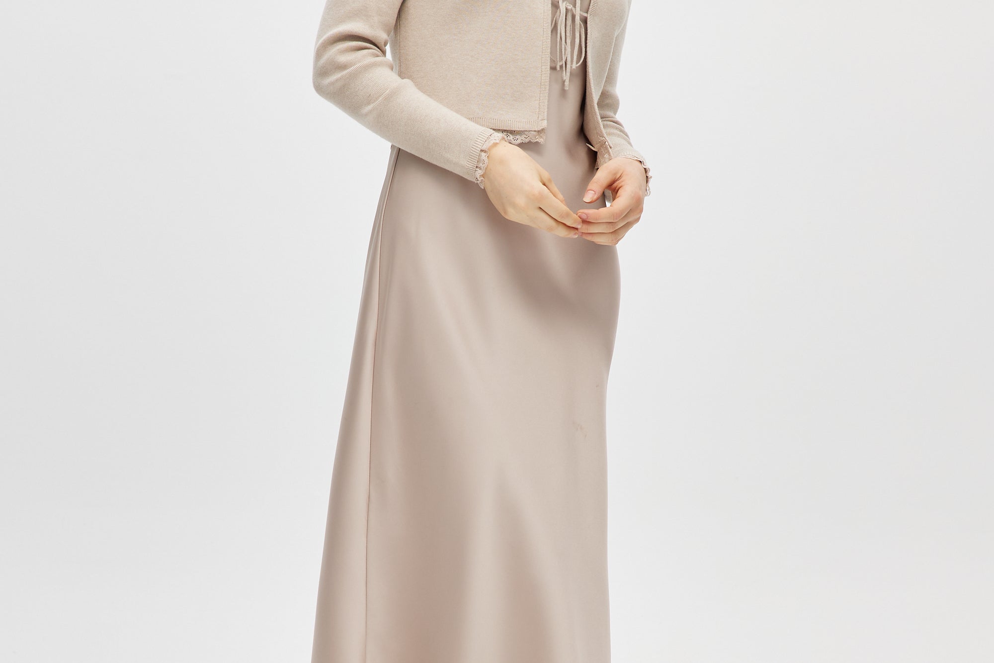 beige cardigan for dress Heather Beige Tie Cardigan & Satin Slip Dress 2 pcs Set M