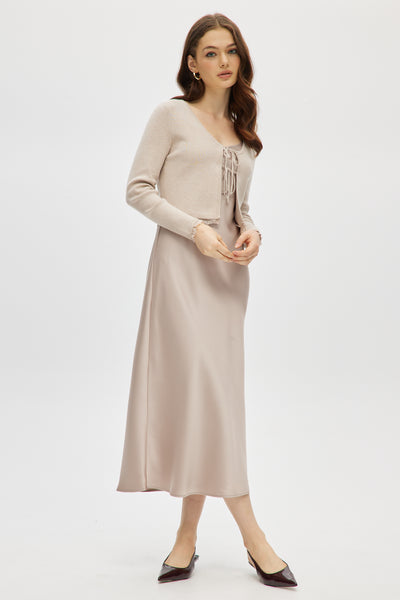beige cardigan for dress Heather Beige Tie Cardigan & Satin Slip Dress 2 pcs Set M