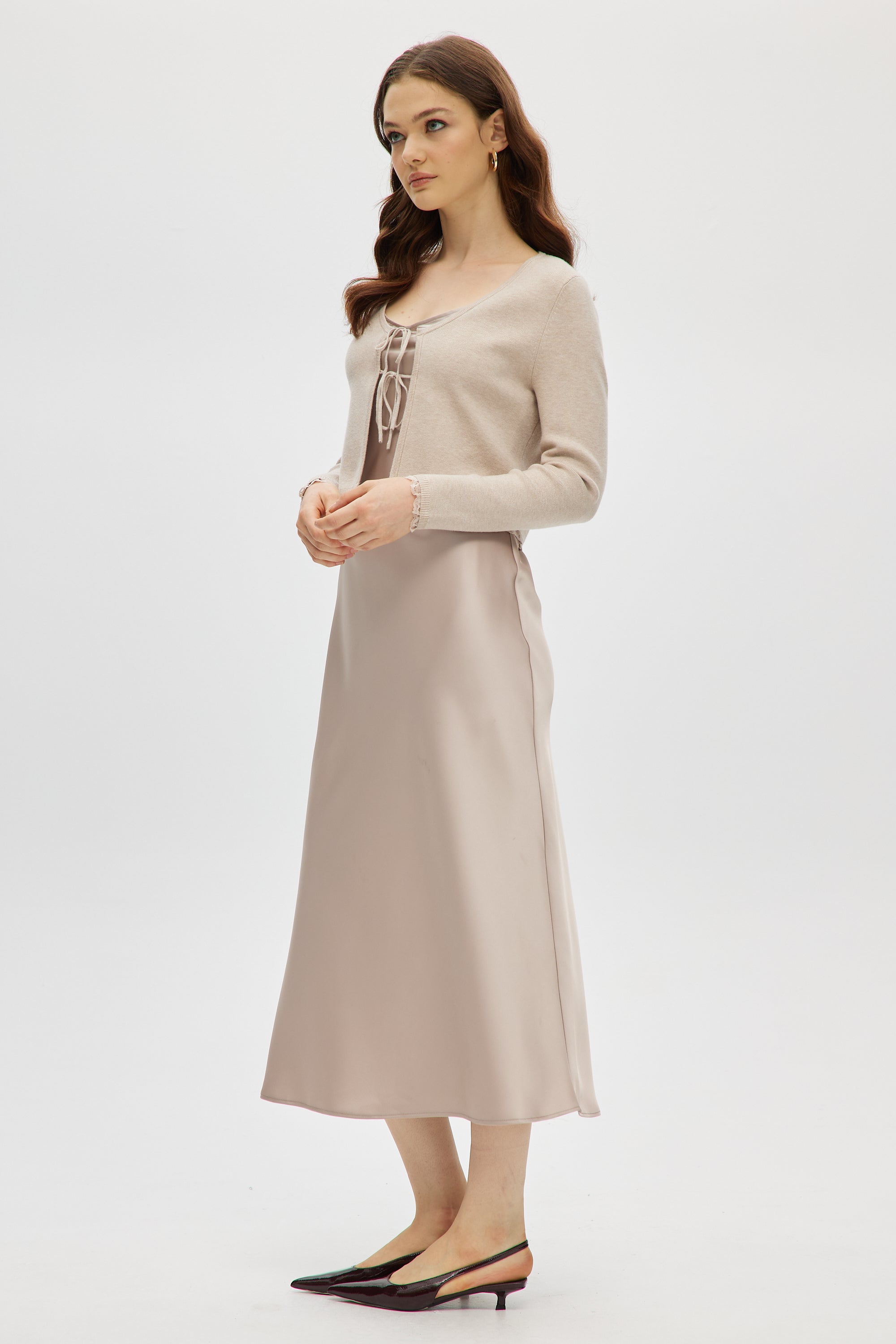 Heather Beige Tie Cardigan & Satin Slip Dress 2 pcs Set M
